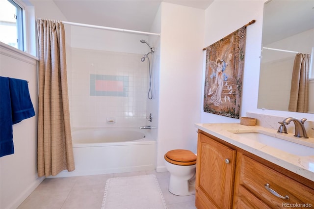 bathroom featuring vanity, tile patterned flooring, toilet, and shower / bathtub combination with curtain