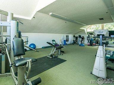 exercise room with lofted ceiling, carpet floors, and a textured ceiling