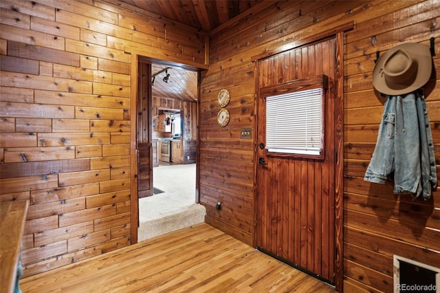 interior space with wood walls, plenty of natural light, and light wood finished floors