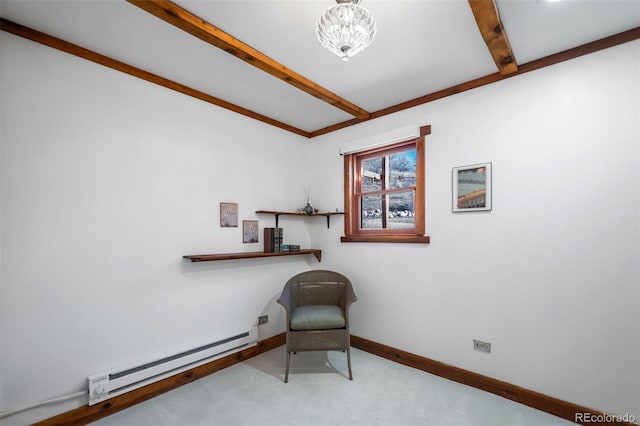 living area with light carpet, baseboards, a baseboard heating unit, and beam ceiling