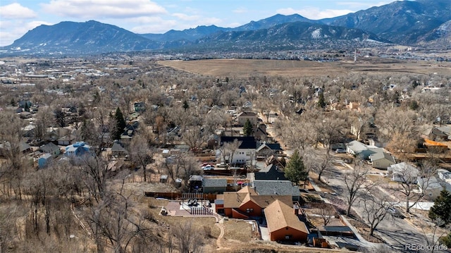 drone / aerial view featuring a residential view and a mountain view