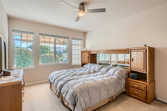 bedroom featuring multiple windows, baseboards, and light colored carpet