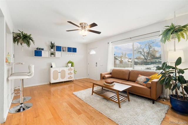 living room with hardwood / wood-style floors and ceiling fan