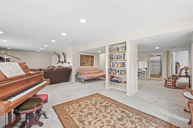 living area featuring baseboards, carpet flooring, and recessed lighting