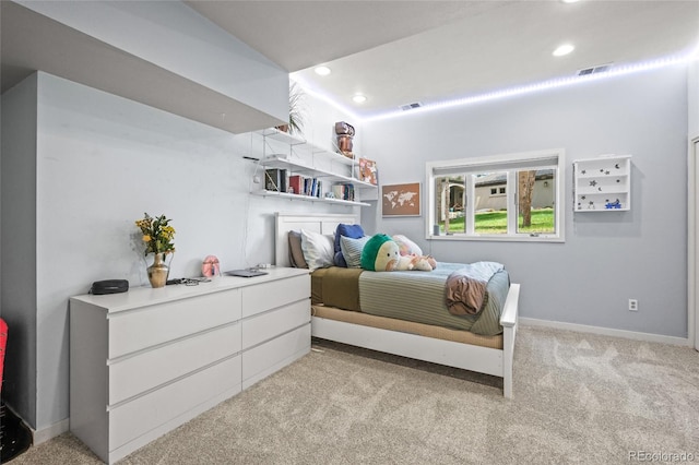 carpeted bedroom featuring visible vents, recessed lighting, and baseboards