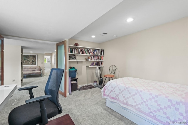 carpeted bedroom with recessed lighting, baseboards, and visible vents