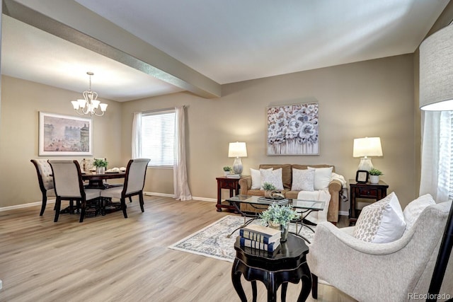 7329 Arco Iris Ln, Castle Pines, CO 80108 - living room with a chandelier, light wood-style flooring, and beamed ceiling