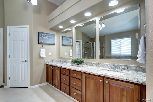 7329 Arco Iris Ln, Castle Pines, CO 80108 - full bathroom with double vanity, a stall shower, recessed lighting, and vaulted ceiling