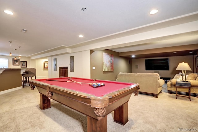 7329 Arco Iris Ln, Castle Pines, CO 80108 - recreation room with light carpet, recessed lighting, and pool table