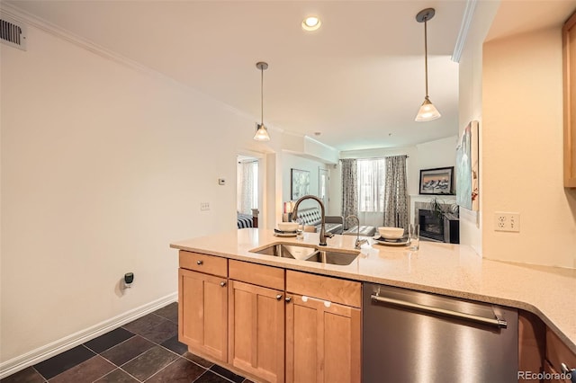 kitchen with light stone counters, ornamental molding, sink, pendant lighting, and dishwasher