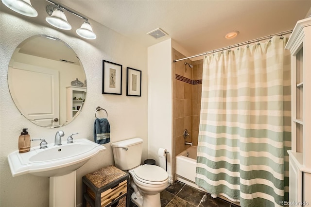 bathroom with toilet and shower / bathtub combination with curtain