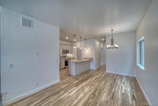 kitchen with hanging light fixtures, sink, white cabinets, an inviting chandelier, and stainless steel appliances