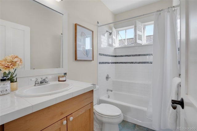 11776 Perry St, Westminster, CO 80031 - bathroom featuring toilet, shower / bathtub combination with curtain, tile patterned flooring, and vanity