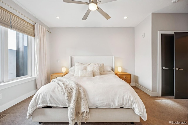 bedroom with visible vents, baseboards, ceiling fan, carpet, and recessed lighting