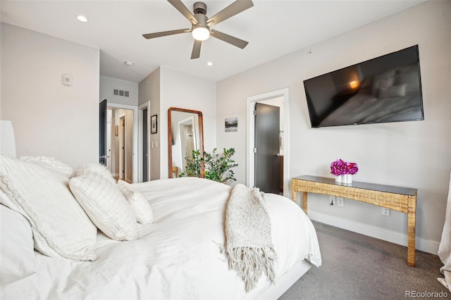 bedroom featuring ceiling fan and carpet floors