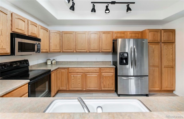 kitchen with appliances with stainless steel finishes and a tray ceiling