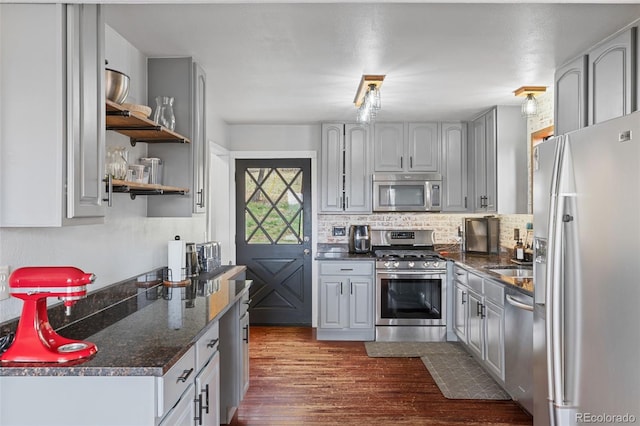 518 Pine Dr, Bailey, CO 80421 - kitchen featuring appliances with stainless steel finishes, dark wood-type flooring, gray cabinetry, and backsplash