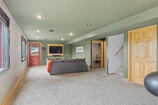 518 Pine Dr, Bailey, CO 80421 - carpeted living room featuring stairway and recessed lighting