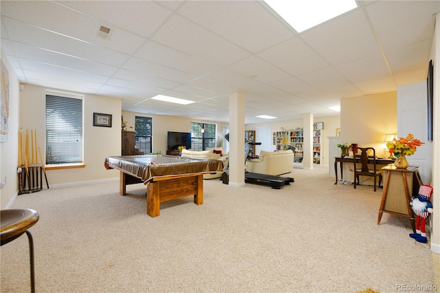 playroom featuring pool table, a paneled ceiling, and light colored carpet