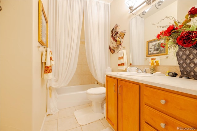 full bathroom featuring shower / tub combo, tile patterned floors, vanity, and toilet