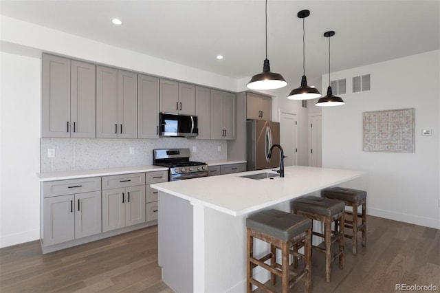 kitchen featuring appliances with stainless steel finishes, decorative light fixtures, an island with sink, sink, and backsplash