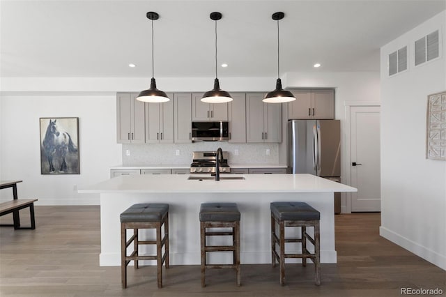 kitchen with sink, tasteful backsplash, gray cabinets, a center island with sink, and stainless steel appliances