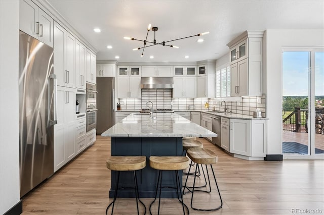 5665 Vistancia Ct, Parker, CO 80134 - kitchen with appliances with stainless steel finishes, under cabinet range hood, a center island with sink, light wood-style floors, and recessed lighting