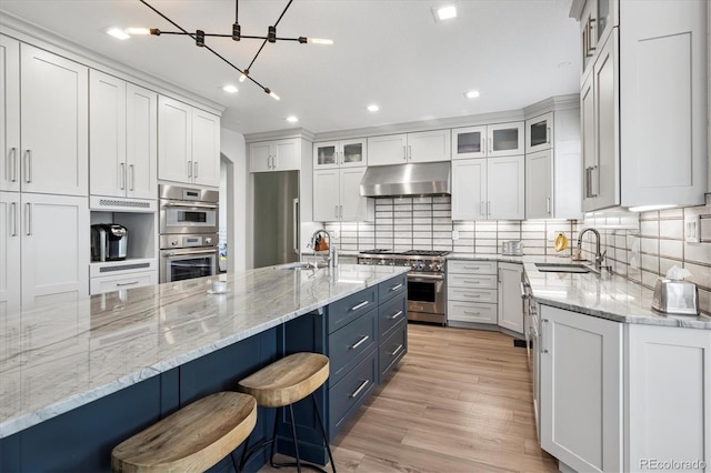 5665 Vistancia Ct, Parker, CO 80134 - kitchen with high quality appliances, under cabinet range hood, a breakfast bar, white cabinetry, and backsplash