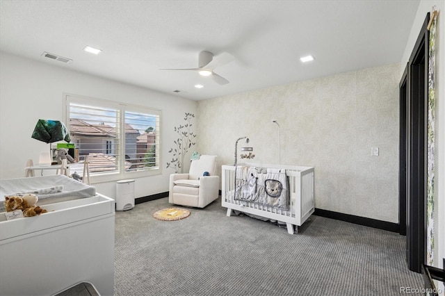 5665 Vistancia Ct, Parker, CO 80134 - carpeted bedroom featuring ceiling fan, recessed lighting, and a nursery area