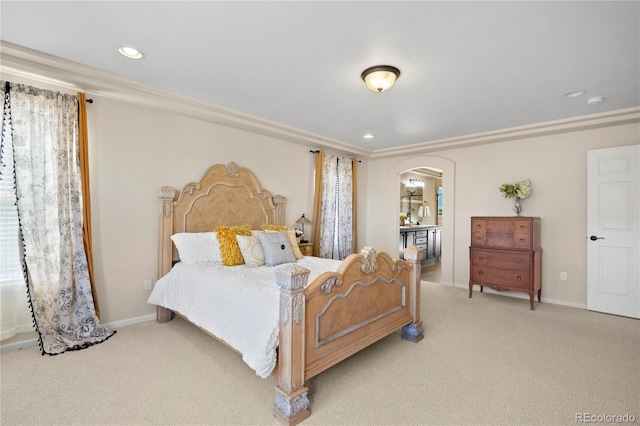 bedroom with recessed lighting, light colored carpet, and baseboards