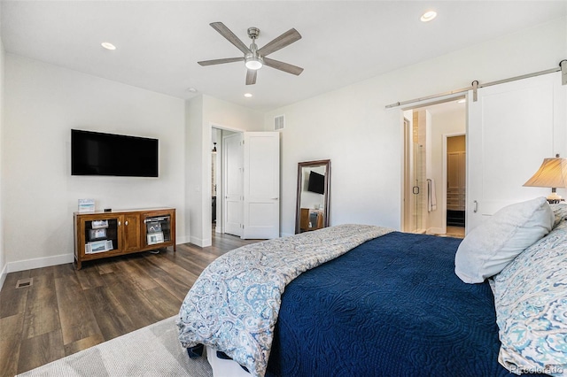 7169 Canyon Sky Trl, Castle Pines, CO 80108 - bedroom featuring a barn door, wood finished floors, baseboards, recessed lighting, and ceiling fan