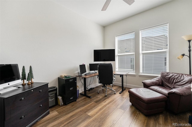 7169 Canyon Sky Trl, Castle Pines, CO 80108 - home office with wood finished floors, a ceiling fan, and baseboards