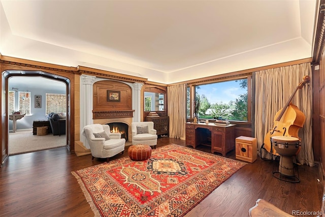 sitting room featuring dark wood-type flooring and a lit fireplace