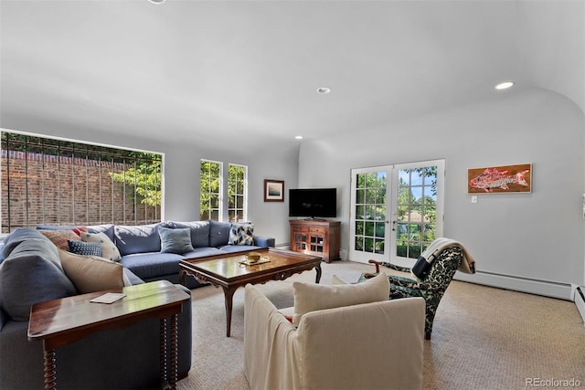 living room with light carpet, recessed lighting, a baseboard heating unit, and french doors