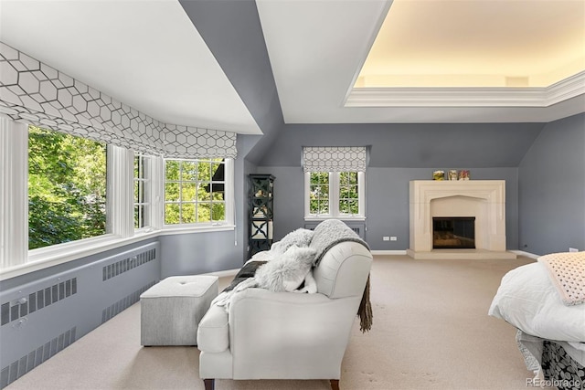 living room featuring carpet, baseboards, a fireplace, and radiator heating unit