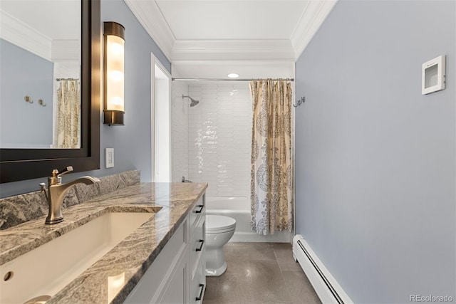 full bath featuring crown molding, toilet, baseboard heating, shower / bath combo with shower curtain, and vanity