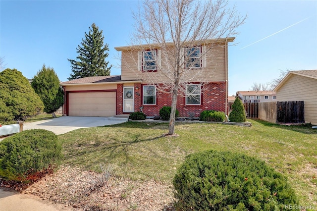 traditional home featuring a garage, fence, a front lawn, brick siding, and driveway