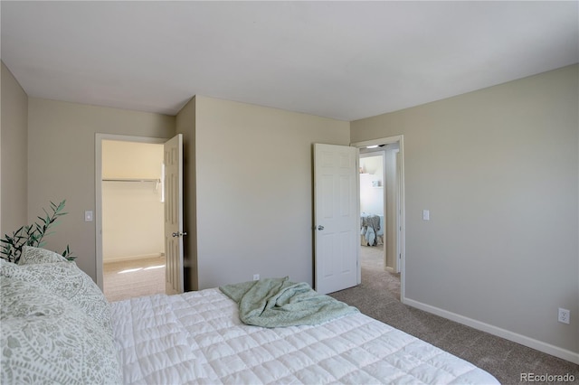 carpeted bedroom with a closet, baseboards, and a walk in closet