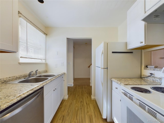 kitchen featuring sink, white electric range, dishwasher, light hardwood / wood-style floors, and white cabinets