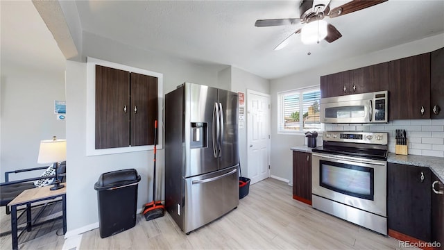 kitchen featuring light hardwood / wood-style flooring, ceiling fan, appliances with stainless steel finishes, backsplash, and dark brown cabinetry