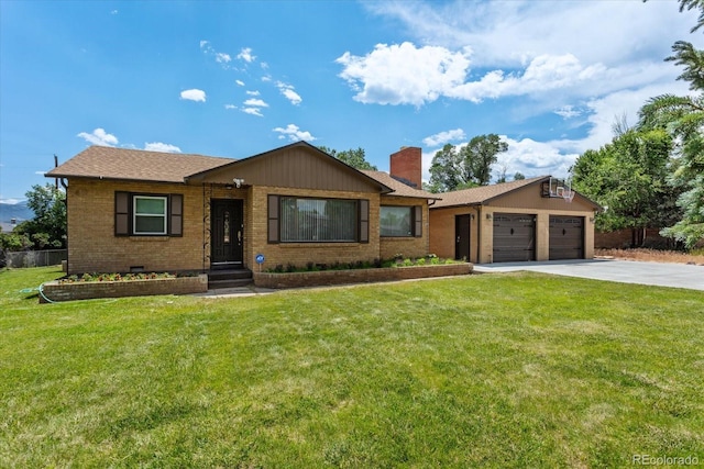 single story home with a garage and a front lawn