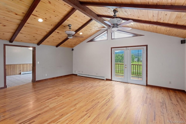 interior space with ceiling fan, french doors, lofted ceiling with beams, a baseboard heating unit, and wood ceiling