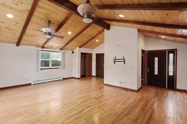 unfurnished living room featuring vaulted ceiling with beams, wooden ceiling, light hardwood / wood-style flooring, and a baseboard radiator