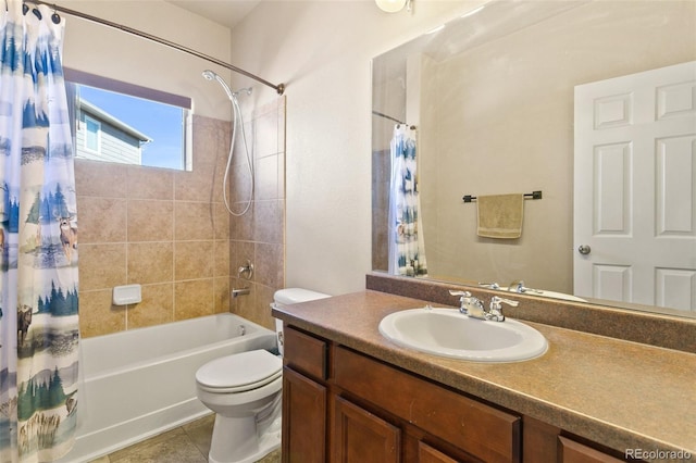 full bathroom with vanity, toilet, shower / tub combo with curtain, and tile patterned flooring