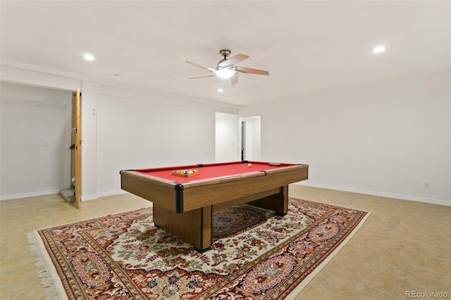 rec room featuring billiards, recessed lighting, a ceiling fan, and baseboards