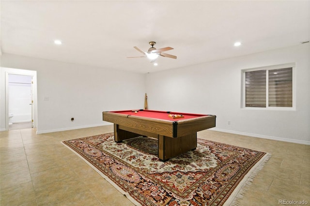 recreation room featuring recessed lighting, baseboards, and billiards