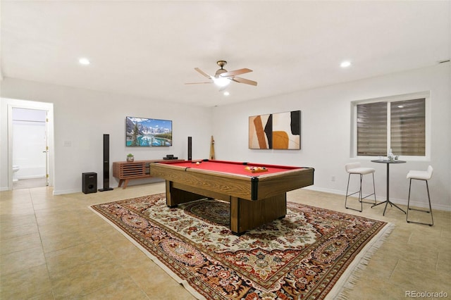 playroom with billiards, recessed lighting, baseboards, and ceiling fan