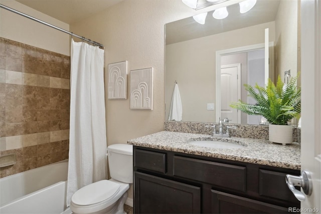 full bathroom featuring toilet, vanity, and shower / tub combo with curtain