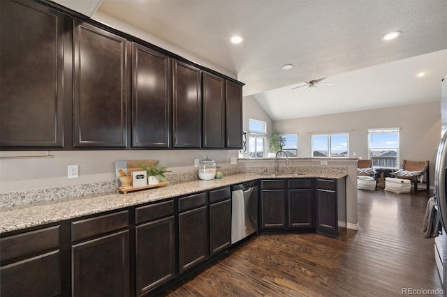 kitchen with stainless steel dishwasher, a ceiling fan, dark wood-style floors, a peninsula, and dark brown cabinets