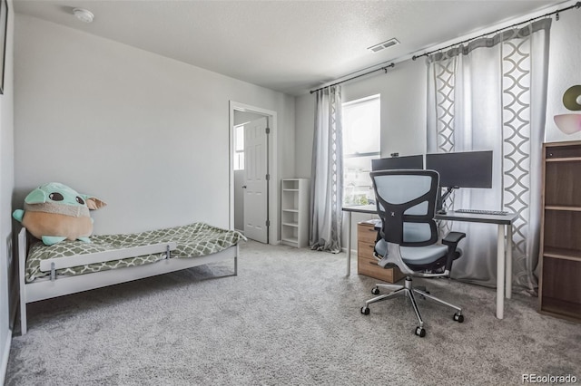 carpeted bedroom with a textured ceiling